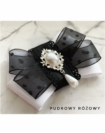 Biała Brosza z czarnym tiulem i z perłą  New, Pudrowy Różowy