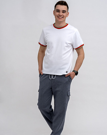 T-shirt męski  biały   ze ściągaczem szałwia/czerwonym, 3 for U