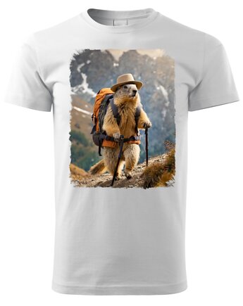 Tatra Art świstak na górskim szlaku z plecakiem  kapeluszem męska koszulka v4, OSOBY - Prezent dla Chłopaka