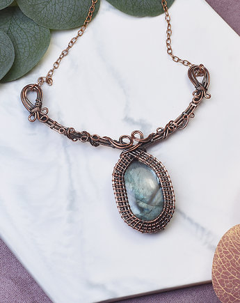 Miedziany naszyjnik wire wrapping z labradorytem #490, Spirit Of Copper
