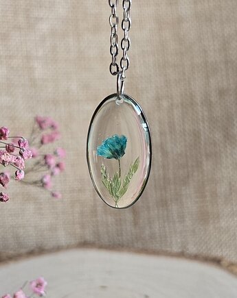 Srebrna zawieszka jajowata suszone kwiaty niebieska gipsówka