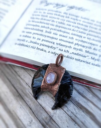 Wisior miedziany lunula obsydian moonstone IV, Treemasters Copper Jewelry