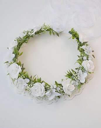 Wianek komunijny jak żywy , biel zieleń, Petite Dame