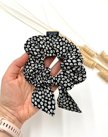 Scrunchie/frotka bow Czarna kwiatuszki, wu handmade