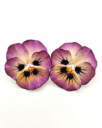Kolczyki bratki żółte fioletowe wiszące handmade, kwiaty z gliny polimerowej, Albina LaBelle