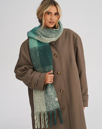 Puchaty szalik z frędzlami w zieloną kratę, HARP TEAM