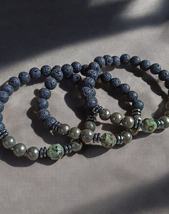 Turkus afrykański, piryt, lawa : męska bransoletka, kaktusia