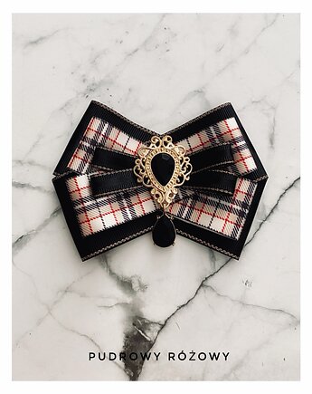 Beżowa Krata Brosza  z czarnym kryształkiem NEW, Pudrowy Różowy