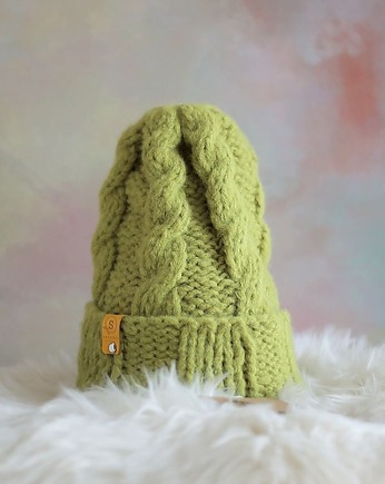 Wełniana czapka z warkoczami LULLABY 100 % alpaka limonka, sploteka