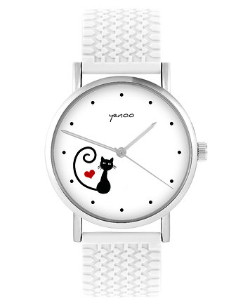 Zegarek - Kotek, serce - silikonowy, biały, OSOBY - Prezent dla teścia