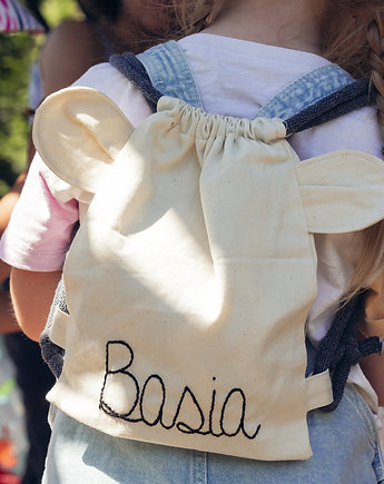 Bawełniany mini plecak miś z imieniem Basia, raspberi