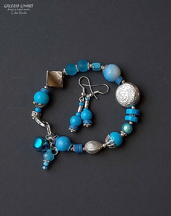 Modny komplet bransoletka i kolczyki w błękicie Howlit i szkło miły prezent, Galeria Limart