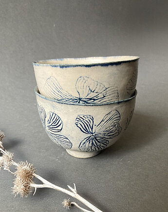 Zestaw Ceramicznych Czarek - Kwiatowy, Kobaltowy Wzór, Hanka Łupińska