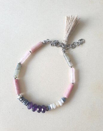 Bransoletka patyczki opal, rodonit, labradoryt, kwarc różowy, ametyst, modesign