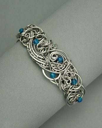 Bransoleta szeroka agat niebieski wire wrapping stal chirurgiczna, Agata Rozanska