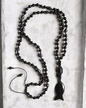 UNIKAT : rybka : naszyjnik męski : OCHRONA : turmalin, onyks, lawa, kaktusia