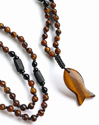 UNIKAT : rybka : naszyjnik męski : TYGRYSIE OKO, turmalin, ONYKS