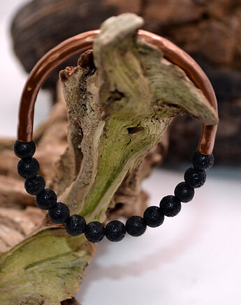 Bransoletka miedziana handmade z koralikami: lawa wulkaniczna, FutharkCopper