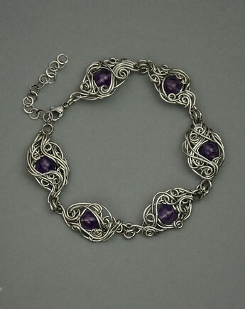 Bransoletka regulowana fioletowy ametyst wire wrapping, Agata Rozanska