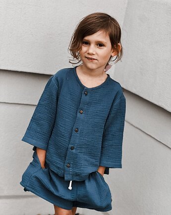 Komplet muślinowy koszula oversize i spodenki dusty blue, Awake for Kids