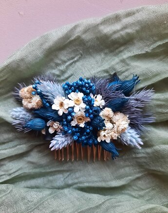 Niebieski grzebyk do włosów z suszonych kwiatów, Mudryk Viktoria Dried Flowers