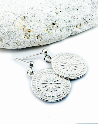 Kolczyki z rozetą, srebrne wiszące koła, antyczna moneta, Anemon Atelier