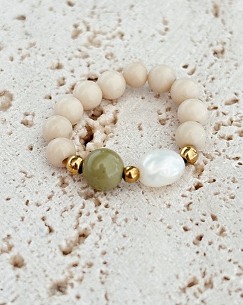 Pierścionek elastyczny Kamień rzeczny i Jaspis matcha, Chmolowska Jewellery