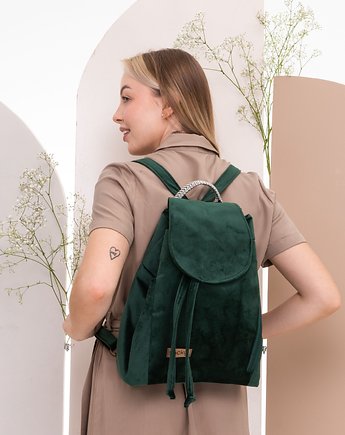 Welurowy plecak miejski butelkowa zieleń, sacky bag