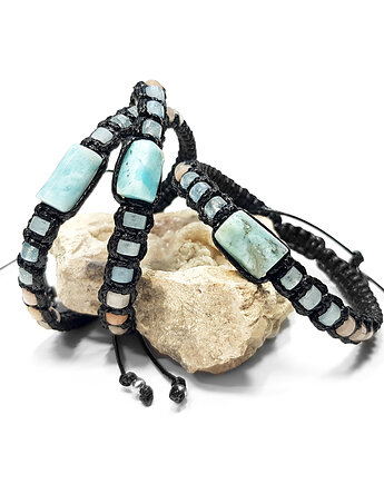 Larimar, akwamaryn i awenturyn bransoletka makramowa, Magneska