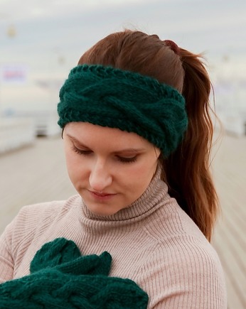 Wełniana opaska w warkocze zieleń leśna, Holy Alpaca Knit