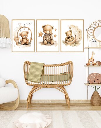 Plakaty Misie, Beżowe, Brązowe, Plakaty Na Ścianę Dla Dzieci 3 szt, Magnetyczne Studio