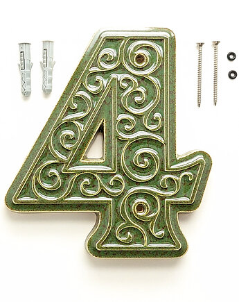 Numer domu, cyfra 4 zielono-brązowa do przykręcenia, pracowniazona