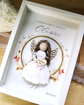 Anioł Stróż z makramy w ramce na Chrzest Komunię Roczek, Wygrawerowani