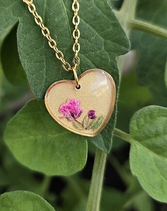 Złoty wisiorek prawdziwe kwiaty zawieszka serce serduszko różowa gipsówka, OKAZJE - Prezenty na 18 dla koleżanki