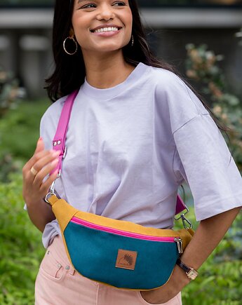 Nerka z wodoodpornego nubuku tapicerskiego w kolorze musztardowo turkusowym., Karolina Audycka