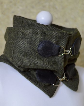 Szal wełniany ze skórą, Komin Unisex - Oliwka, Green Sheep