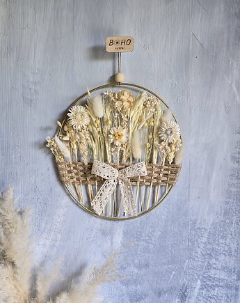 Boho dekoracja, Obręcz z suszonymi kwiatami w kolorze kremowym, BohoSuszki