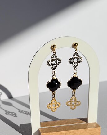 Kolczyki pozłacane koniczynki z Onyksem Bianca, myMIRACLES