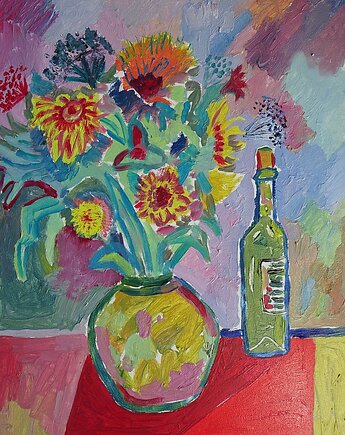 Obraz ręcznie malowany olejny bukiet kwiatów i wino, alice oil on canvas