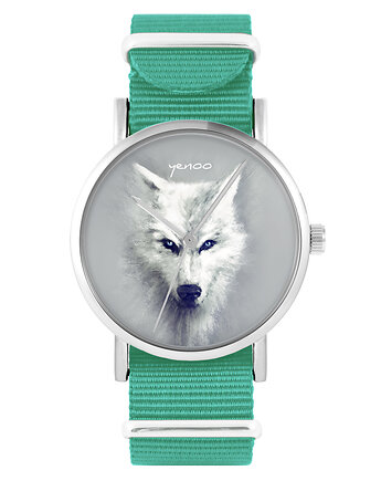 Zegarek - Biały wilk - turkusowy, nylonowy, yenoo