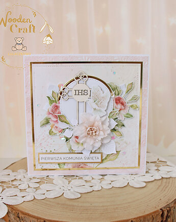 Kartka komunijna, Pamiątka Pierwszej Komunii, prezent "Rose Wine 1" GOTOWA