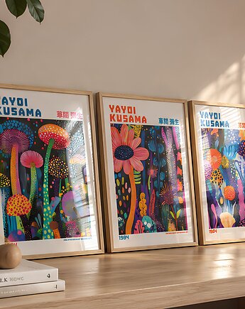 ZESTAW 3 plakatów Yayoi Kusama abstrakcja kwiaty, black dot studio