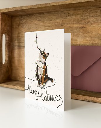 Kartka Świąteczna Z Kotem W Pastelowych Lampkach Choinkowych, Burakovvska