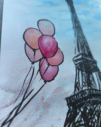 Paryż Francja wieża Eiffla miasta akwarela obraz balony pejzaż miejski 21x30, kkjustpaint Karolina Kamińska
