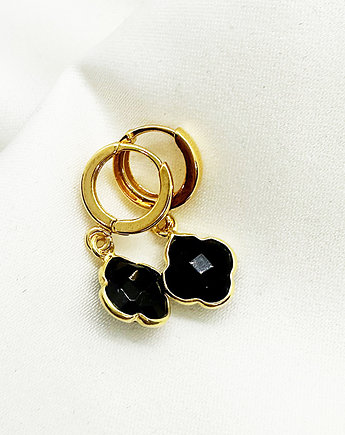 Na szczęście - Złote Kolczyki  koła z czarnym onyksem, koniczynki, Anemon Atelier