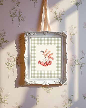 PLAKAT botaniczny, jarzębina grafika, rysunek kratka, black dot studio
