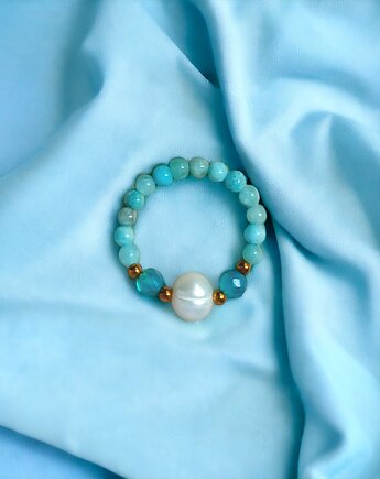 Pierścionek : summer : perła, hemimorfit, agat, kaktusia