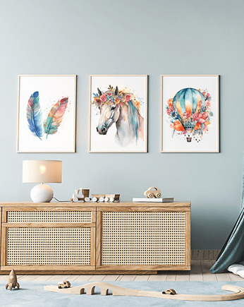 Plakaty dla dziewczynki , Koń, piórka i balon, Wallie Studio Dekoracji