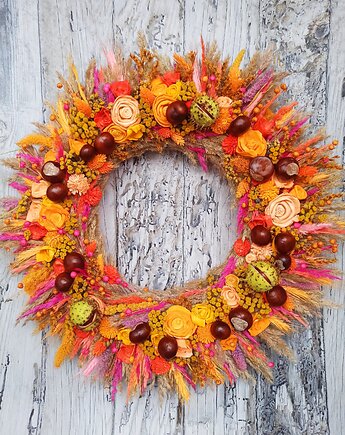 Wianek jesienny z kasztanami, multi kolor, #j8, eko dekoracja domu, 45 cm, Homeliness Art Decor