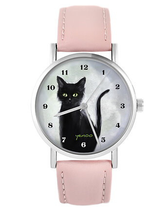 Zegarek - Czarny kot - pudrowy róż, skóra, yenoo